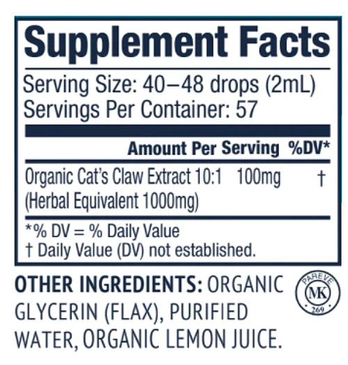 Vimergy Organic Cats Claw 115mll Supplements Label
