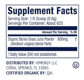 Vimergy Barley Grass Juice Powder 500g Supplements Label