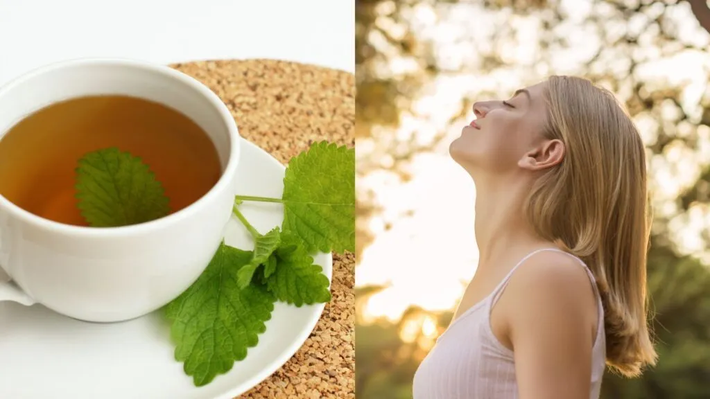 Lemon Balm Tea and lady feeling relaxed and happy
