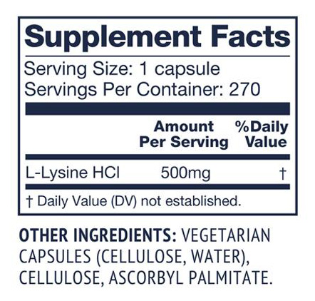 Vimergy Vimergy L-Lysine 270 capsules Supplements Table