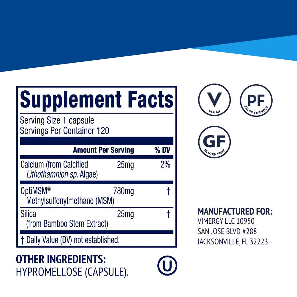 Vimergy MSM with Silica and Calcium 120 capsules Supplements Label