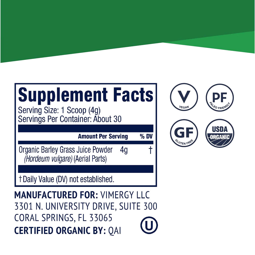 Vimergy Barley Grass Juice Powder 120g Supplements Label