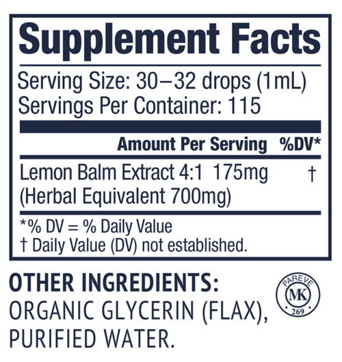 Vimergy Organic Lemon Balm 115ml Supplements Label