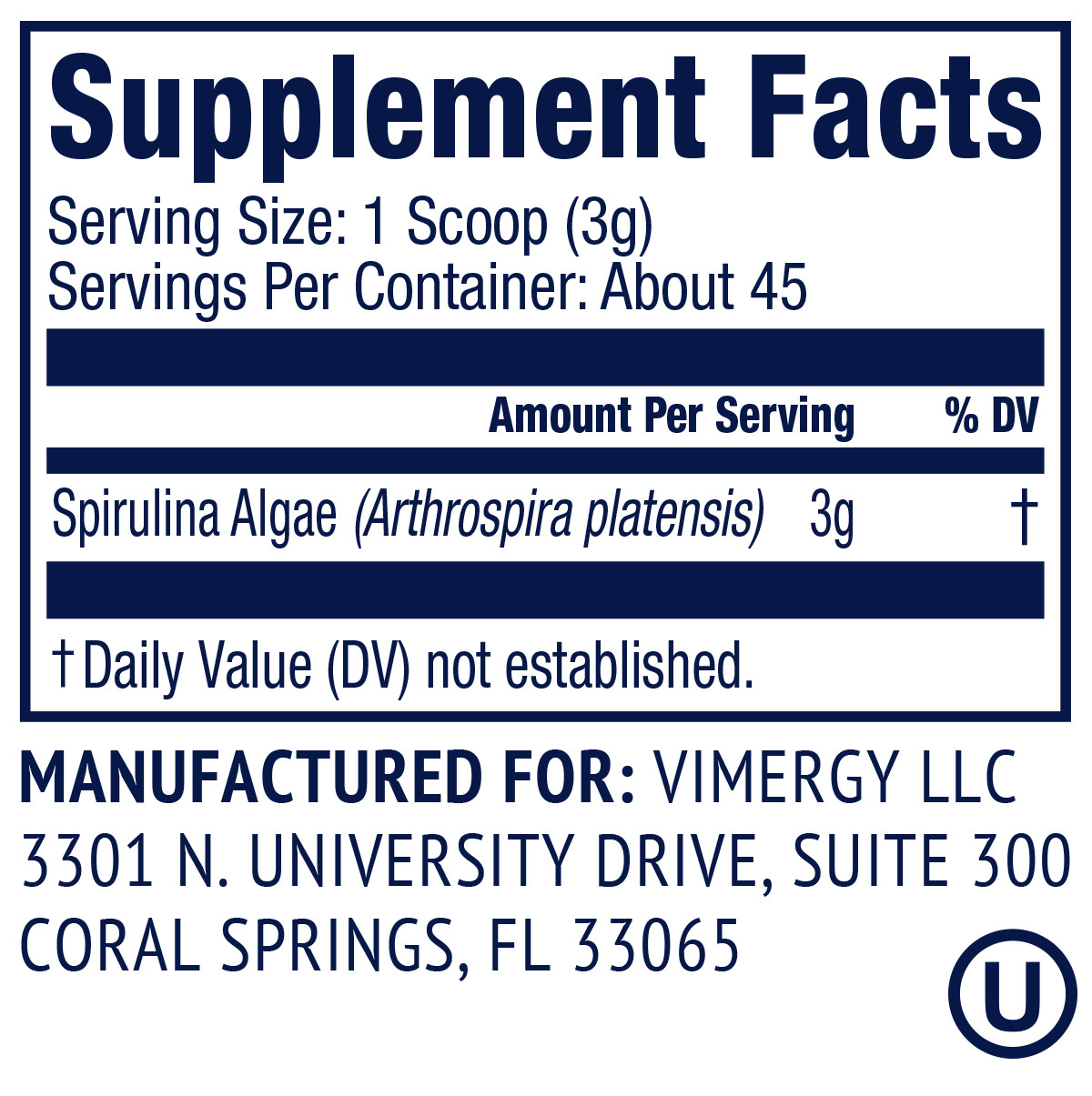 Vimergy USA Grown Spirulina Powder 135g Supplements Table