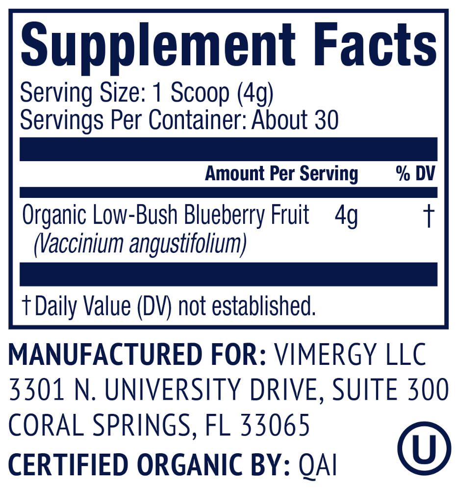 Vimergy Wild Blueberry Powder 120g Supplements Label